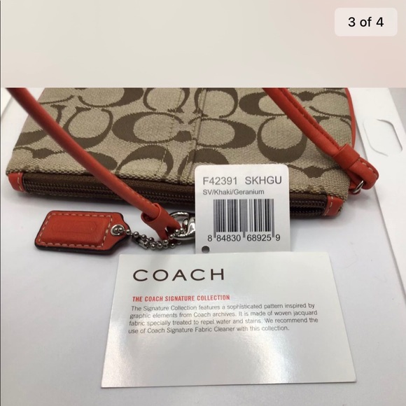 Coach F42391 Signature Jacquard Leather Wallet Wristlet Khaki Geranium - Picture 3 of 4